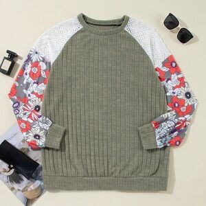 Laurel Green Floral Patchwork Long Sleeve Ribbed‎ Blouse